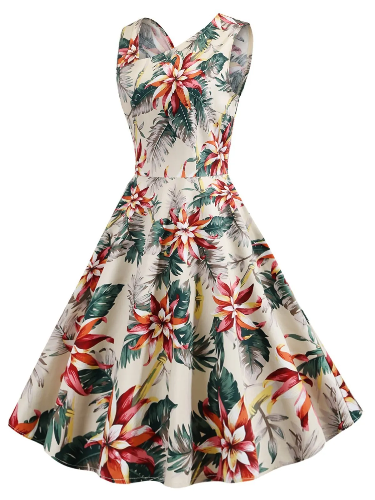 1950s Tropical Plants Swing Dress