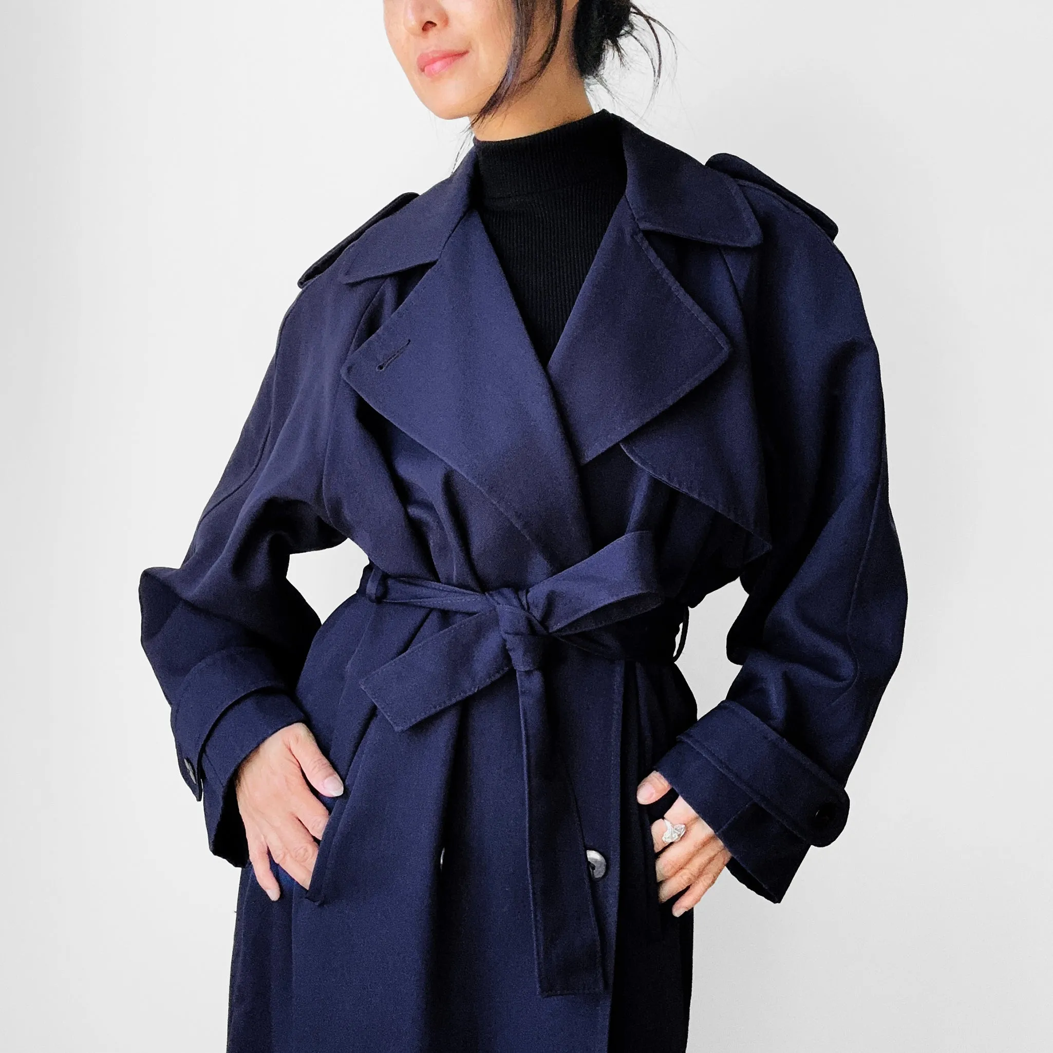 1980s Dark Eggplant Belted Double-Breasted Wool Trench Coat - Sz. S/M/L