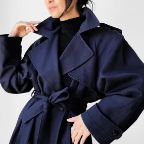 1980s Dark Eggplant Belted Double-Breasted Wool Trench Coat - Sz. S/M/L