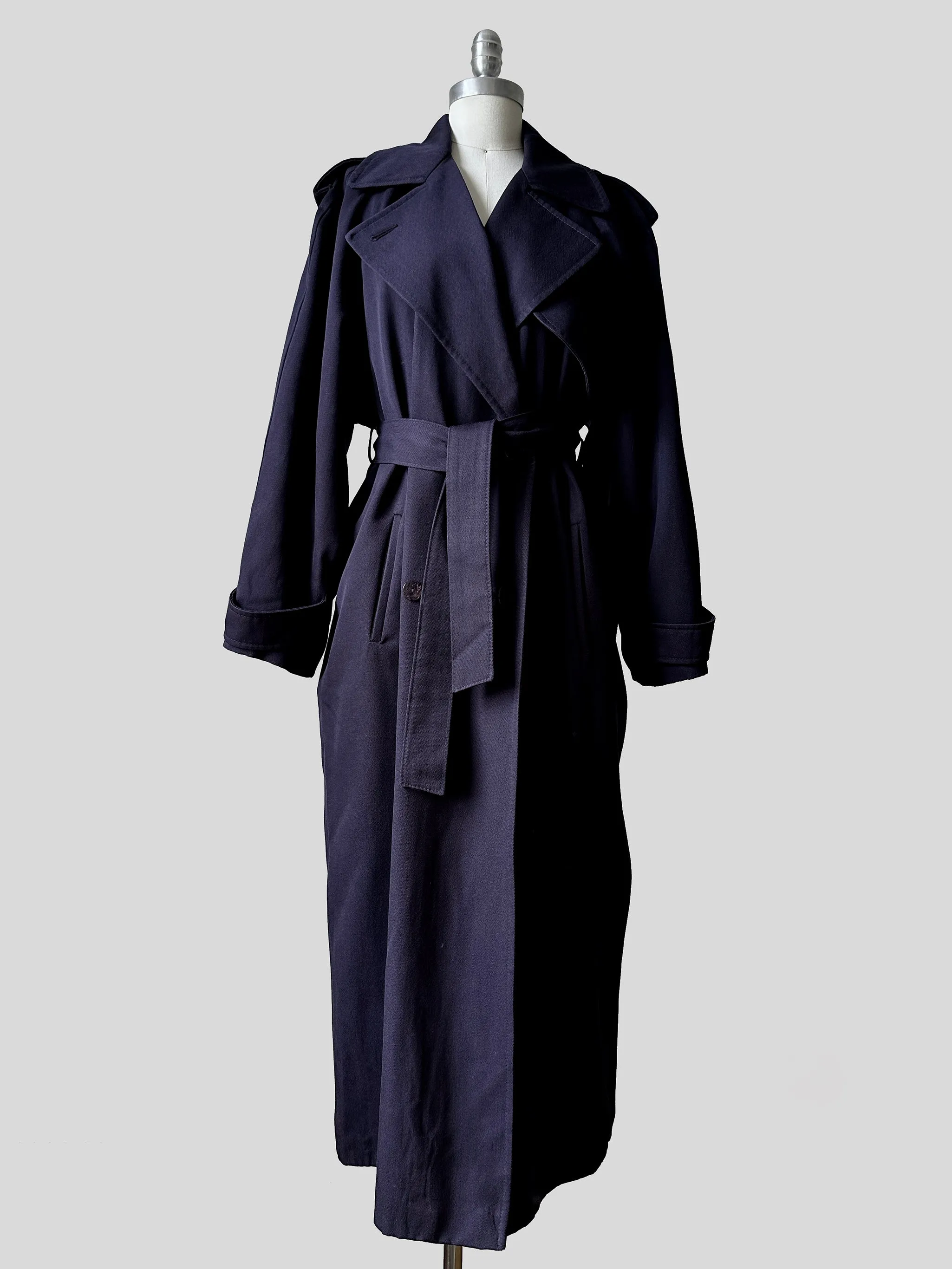 1980s Dark Eggplant Belted Double-Breasted Wool Trench Coat - Sz. S/M/L