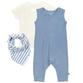 3-Piece Organic Cotton Rib Romper, T-Shirt and Reversible Bib