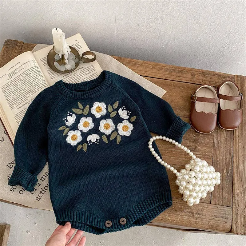 6-12 Months - Carissa Blue Green Embroidered Baby Sweater Romper