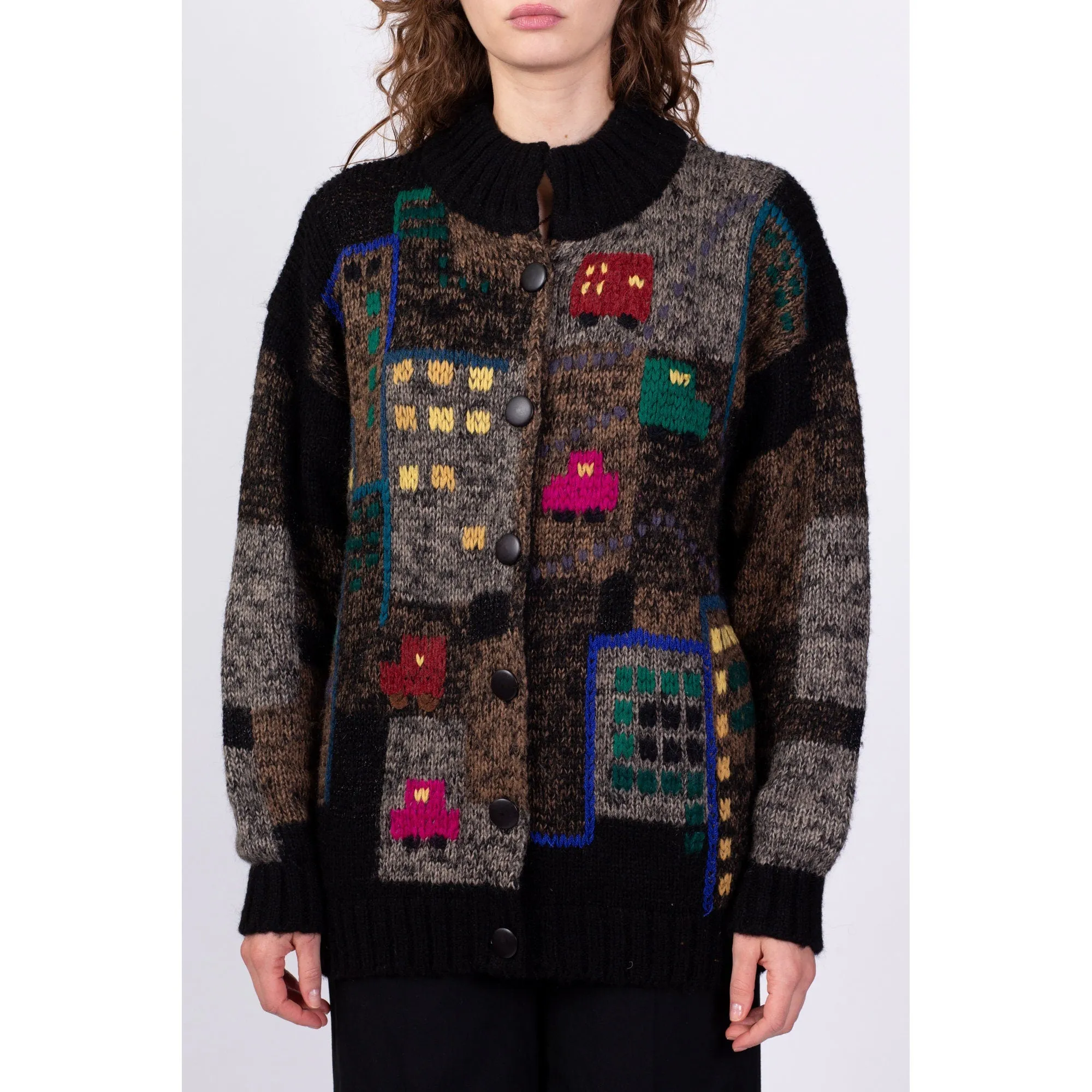 80s 90s City Scene Novelty Knit Cardigan - Medium