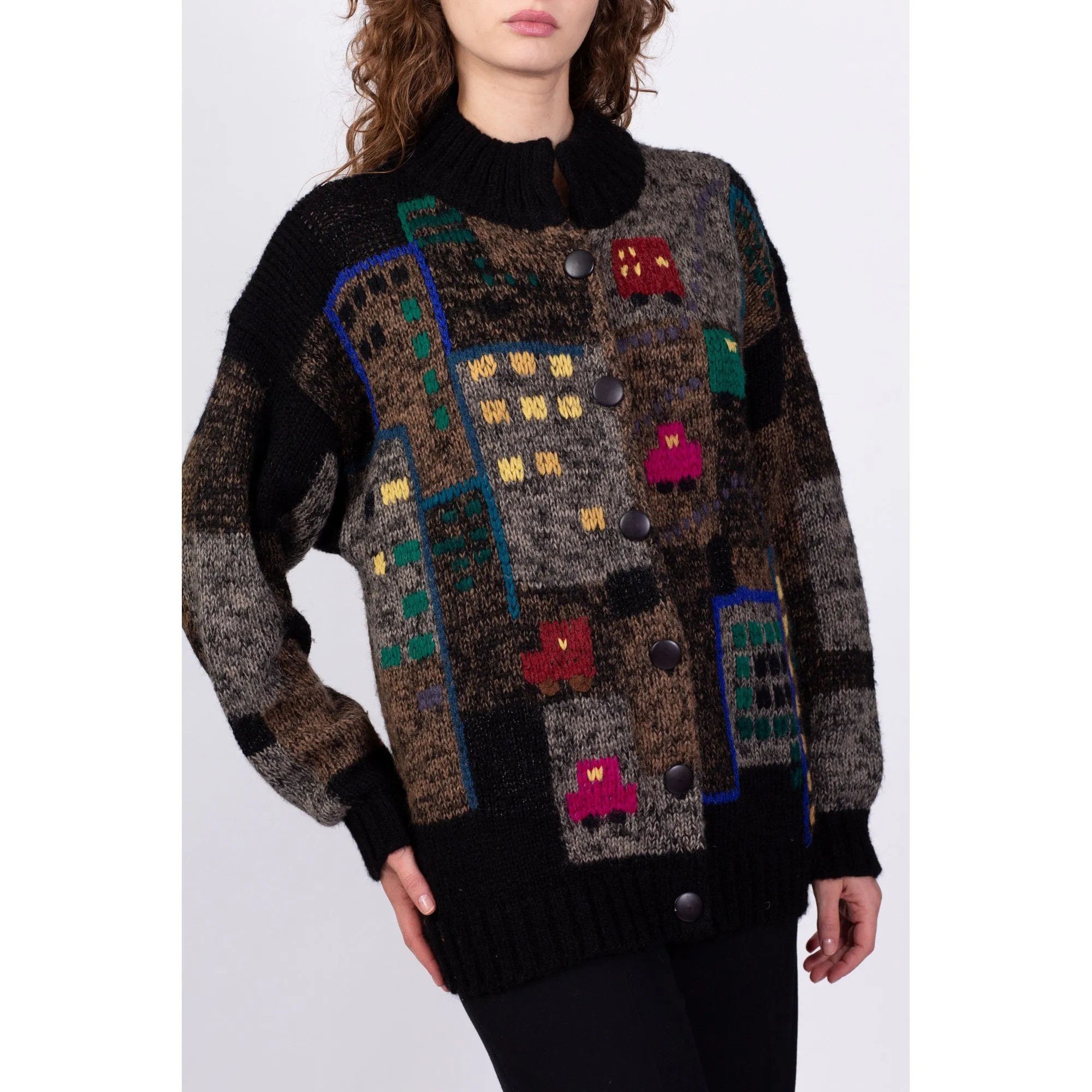 80s 90s City Scene Novelty Knit Cardigan - Medium