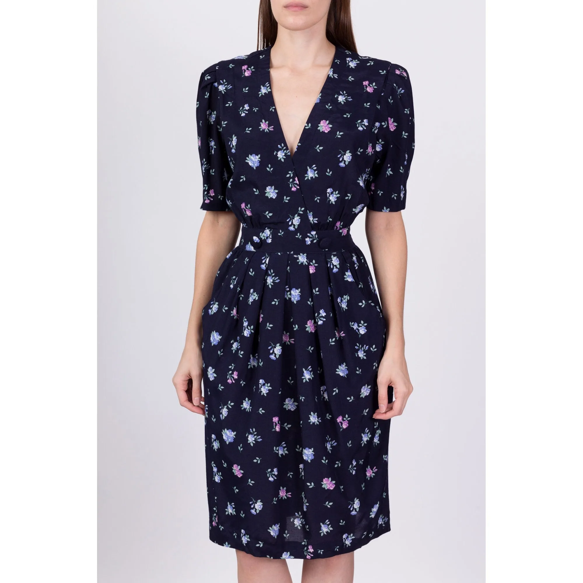 80s 90s Navy Blue Floral Deep V Dress - XS to Small