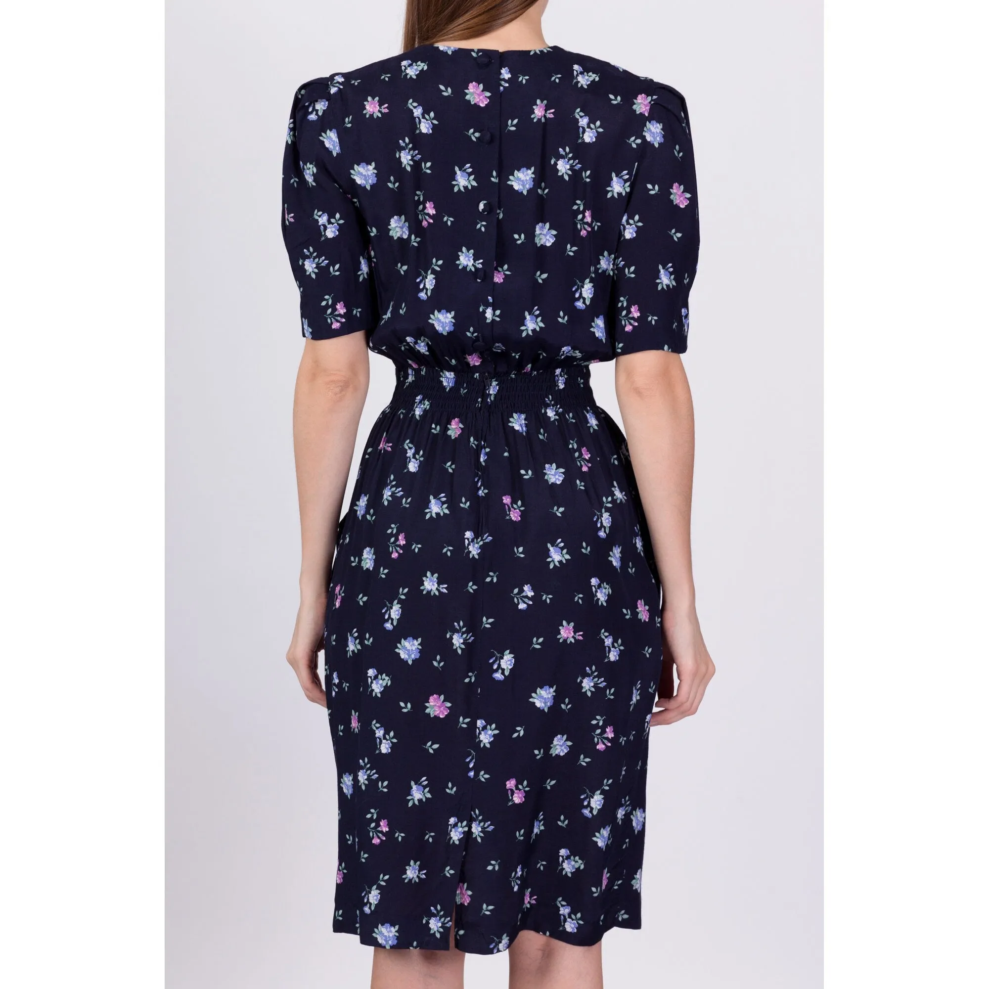 80s 90s Navy Blue Floral Deep V Dress - XS to Small