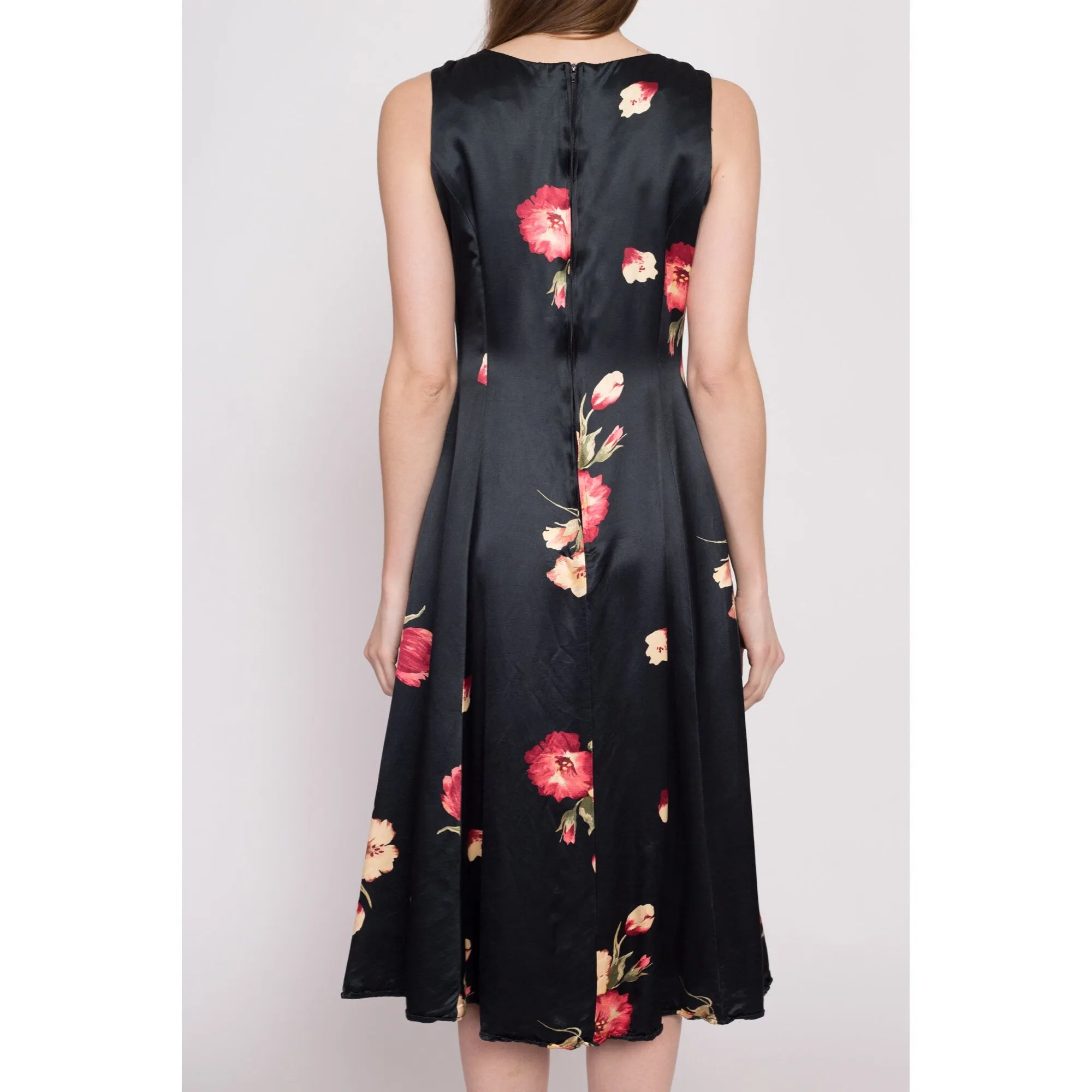 80s Black Floral Satin Midi Dress - Medium