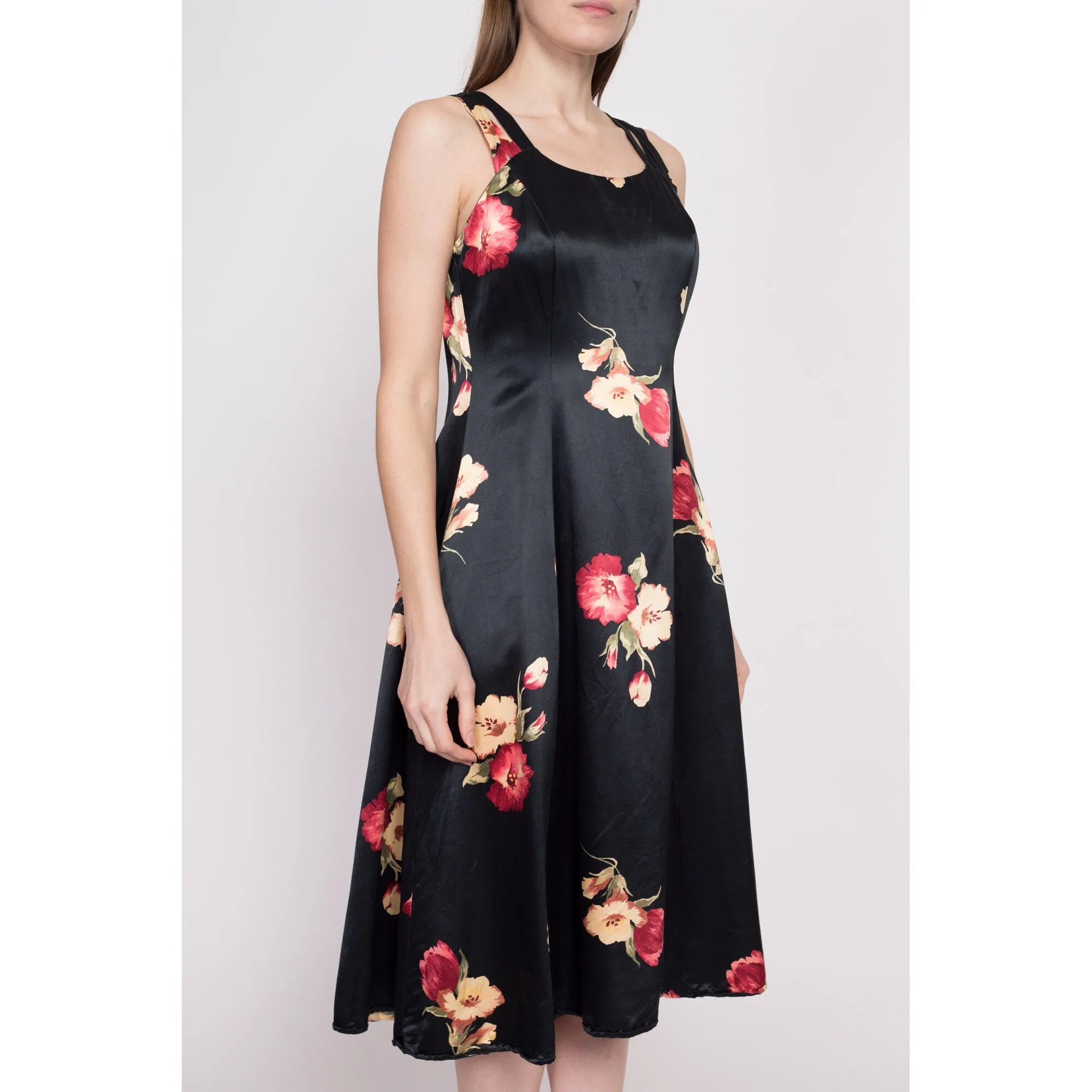 80s Black Floral Satin Midi Dress - Medium