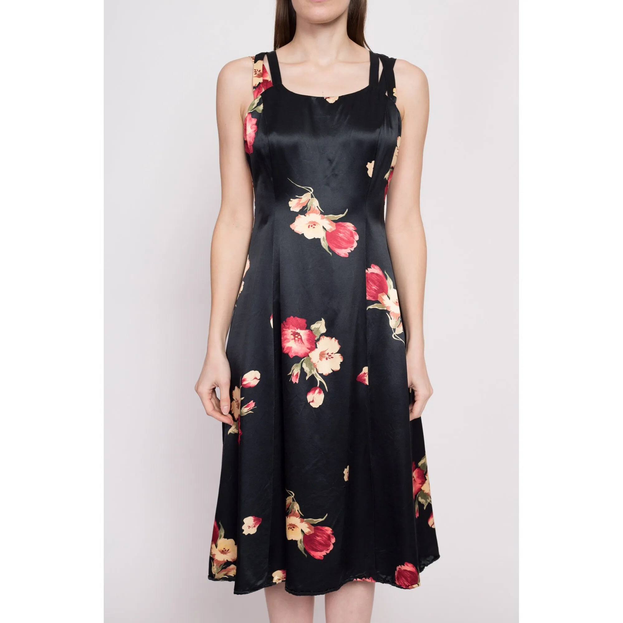 80s Black Floral Satin Midi Dress - Medium