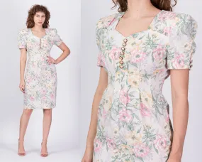 80s Pastel Floral Puff Sleeve Dress - Medium