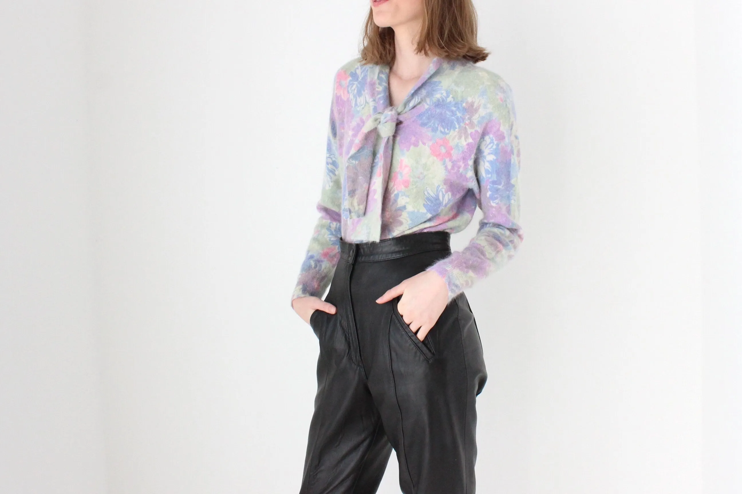 80s Pastel Floral Wool & Angora Tie Neck Sweater