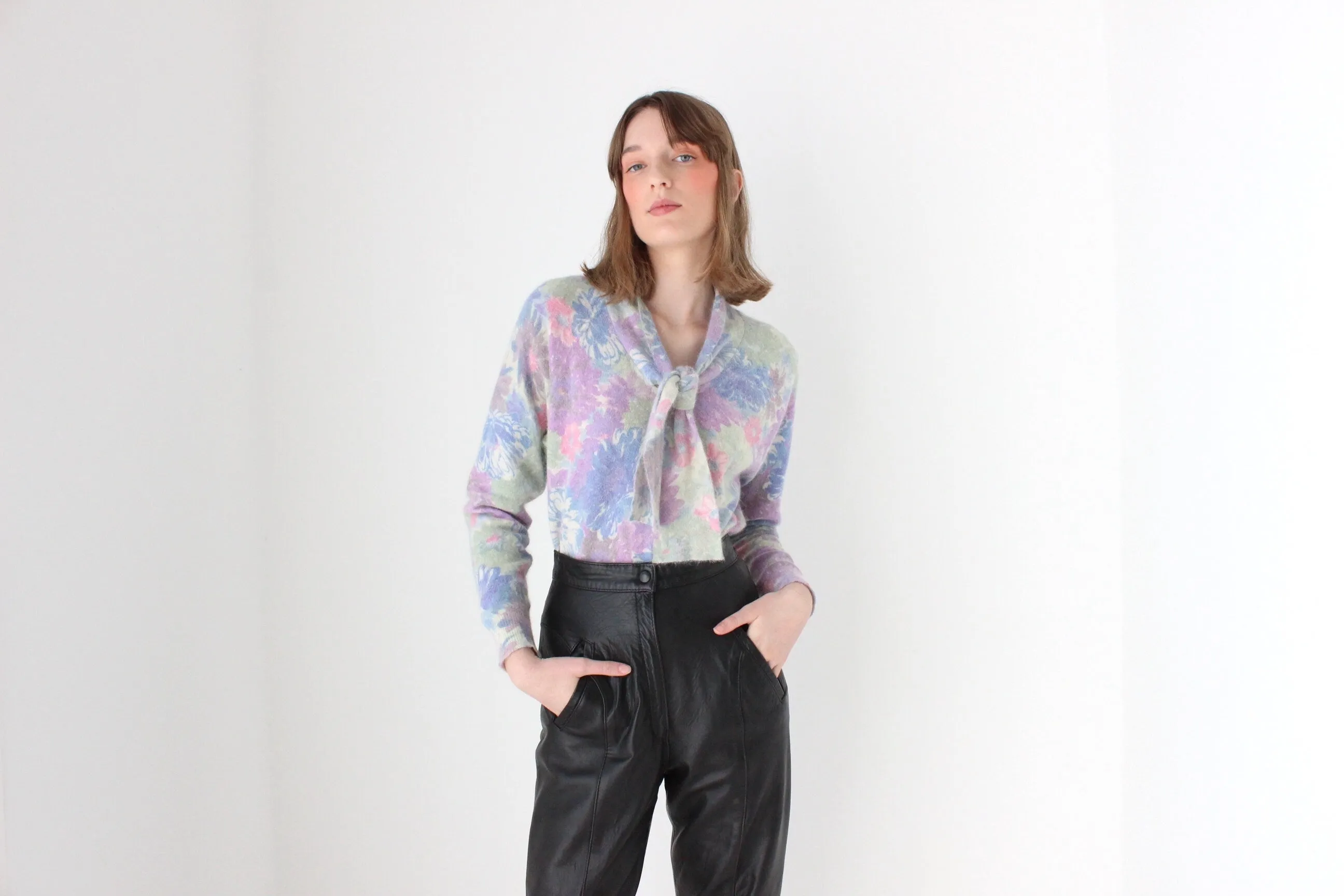 80s Pastel Floral Wool & Angora Tie Neck Sweater