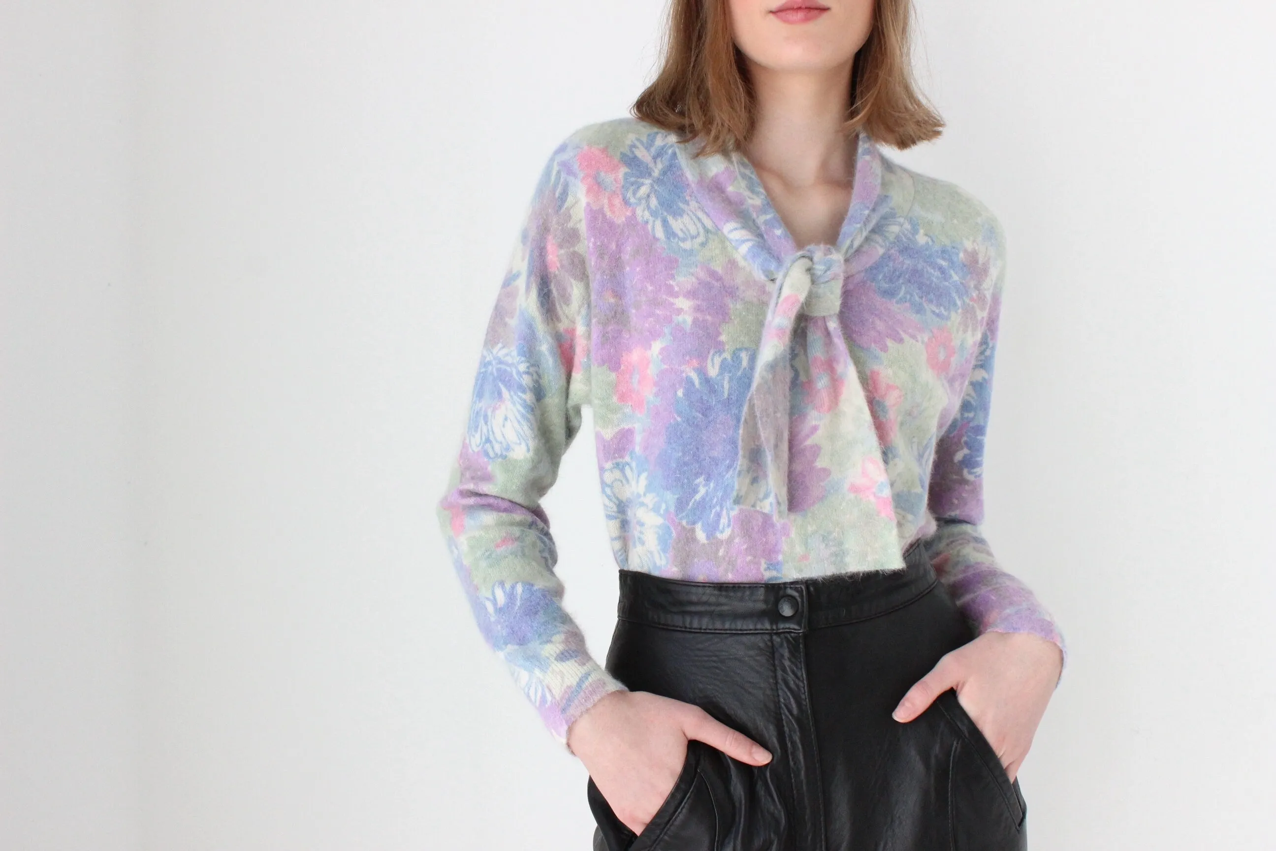 80s Pastel Floral Wool & Angora Tie Neck Sweater