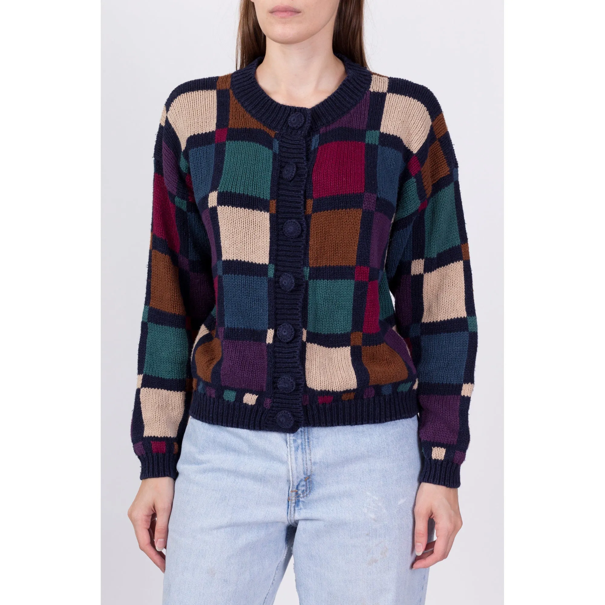 80s Plaid Color Block Cardigan - Small