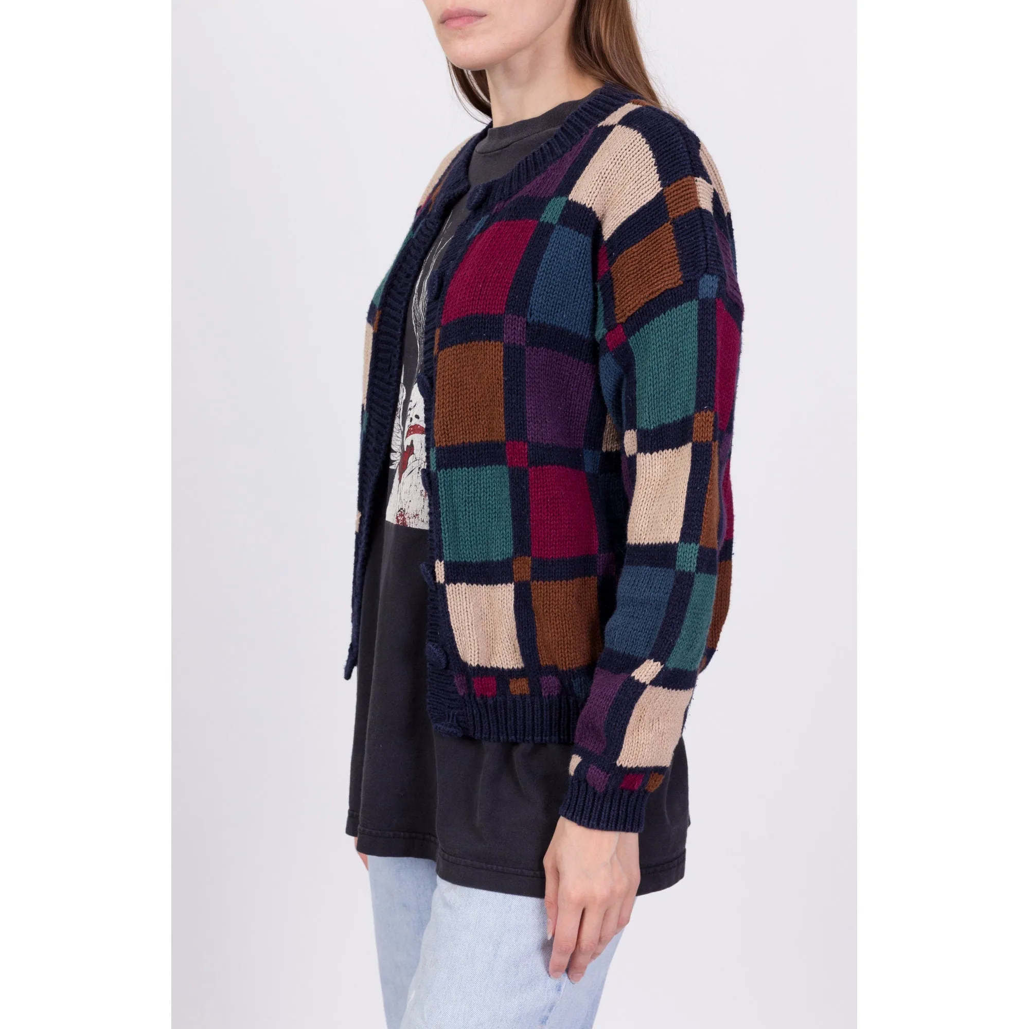 80s Plaid Color Block Cardigan - Small