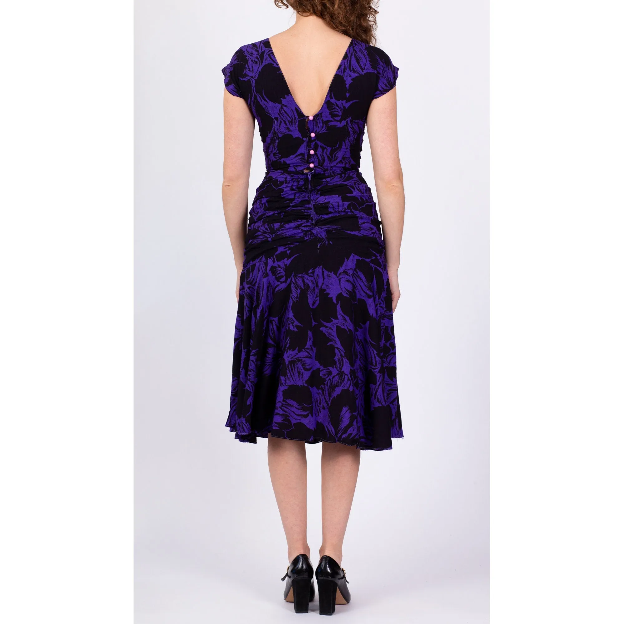 80s Purple Floral Ruched Low Back Dress - Extra Small