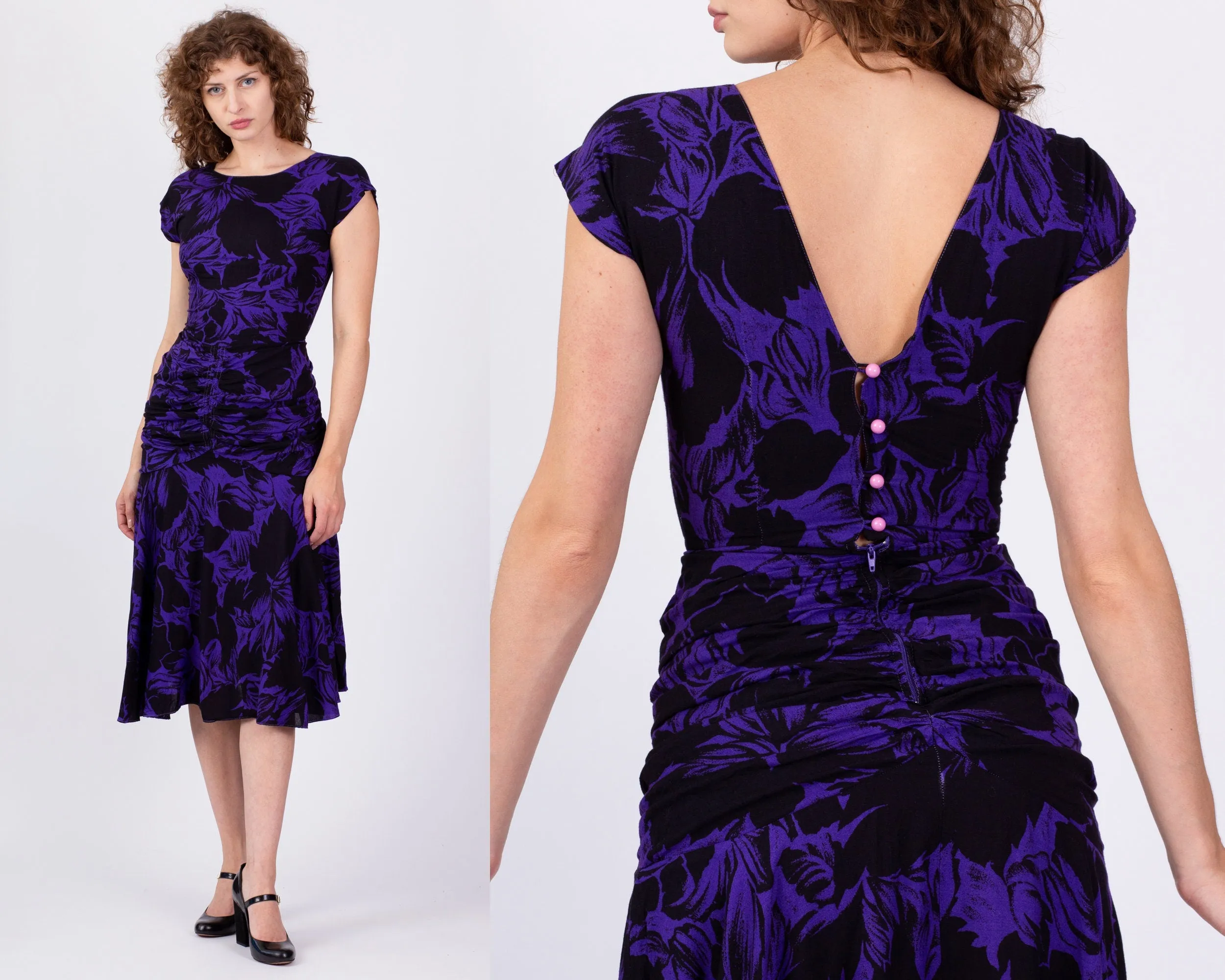 80s Purple Floral Ruched Low Back Dress - Extra Small