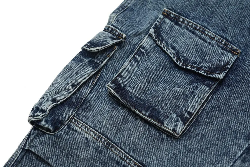 American Retro Washed And Worn Cargo Pocket Jeans