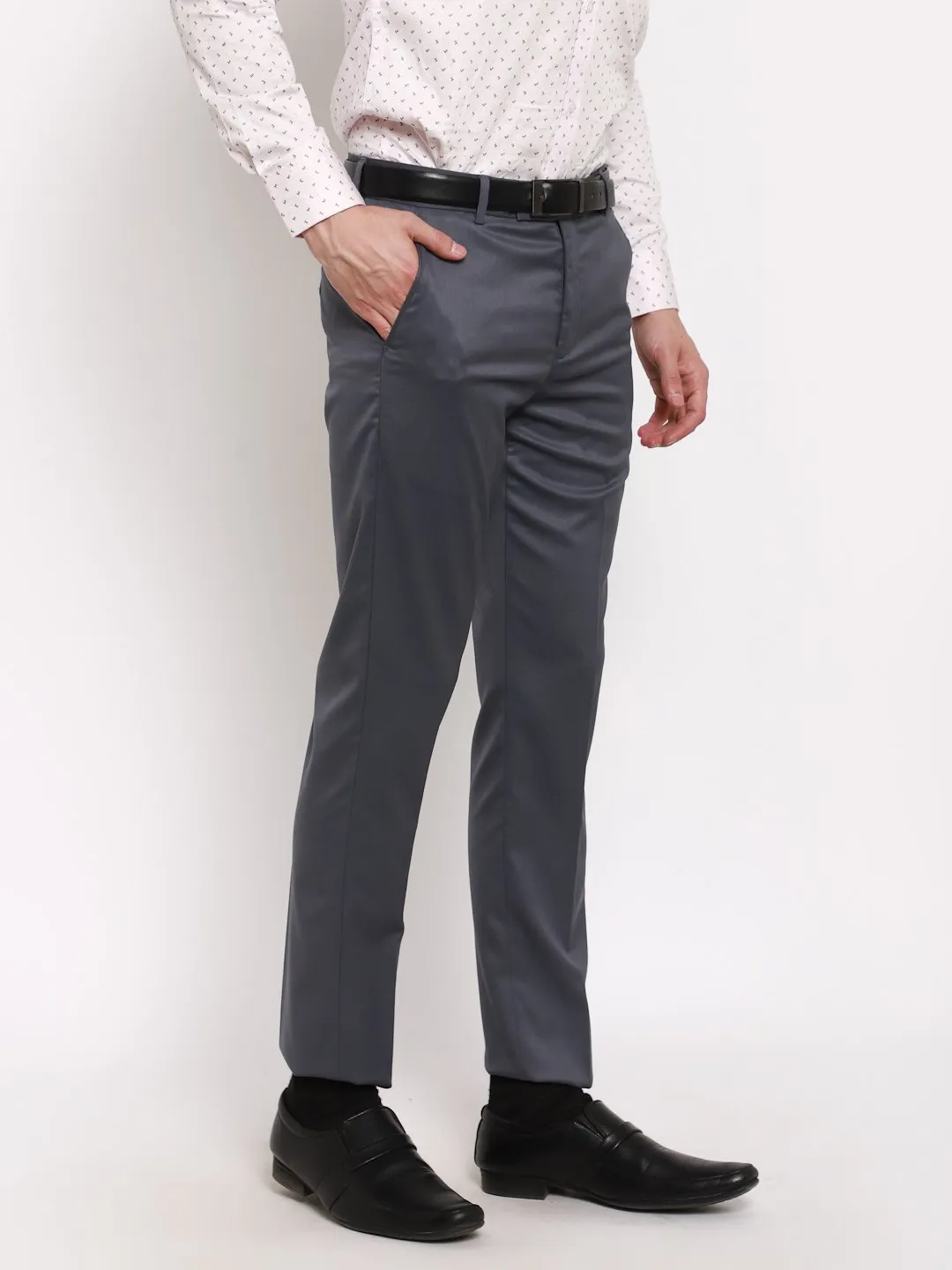 AmericanElm Men's Dark Grey Solid Slim Fit stretchable Formal Trouser