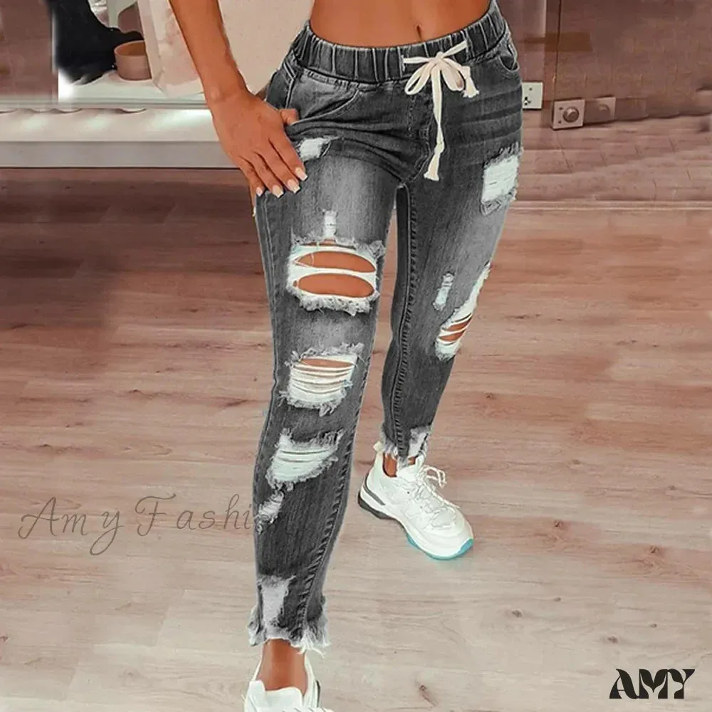 Amy Fashion - Stretch High Waist Ripped Washed Slim Skinny Pencil Denim Jean