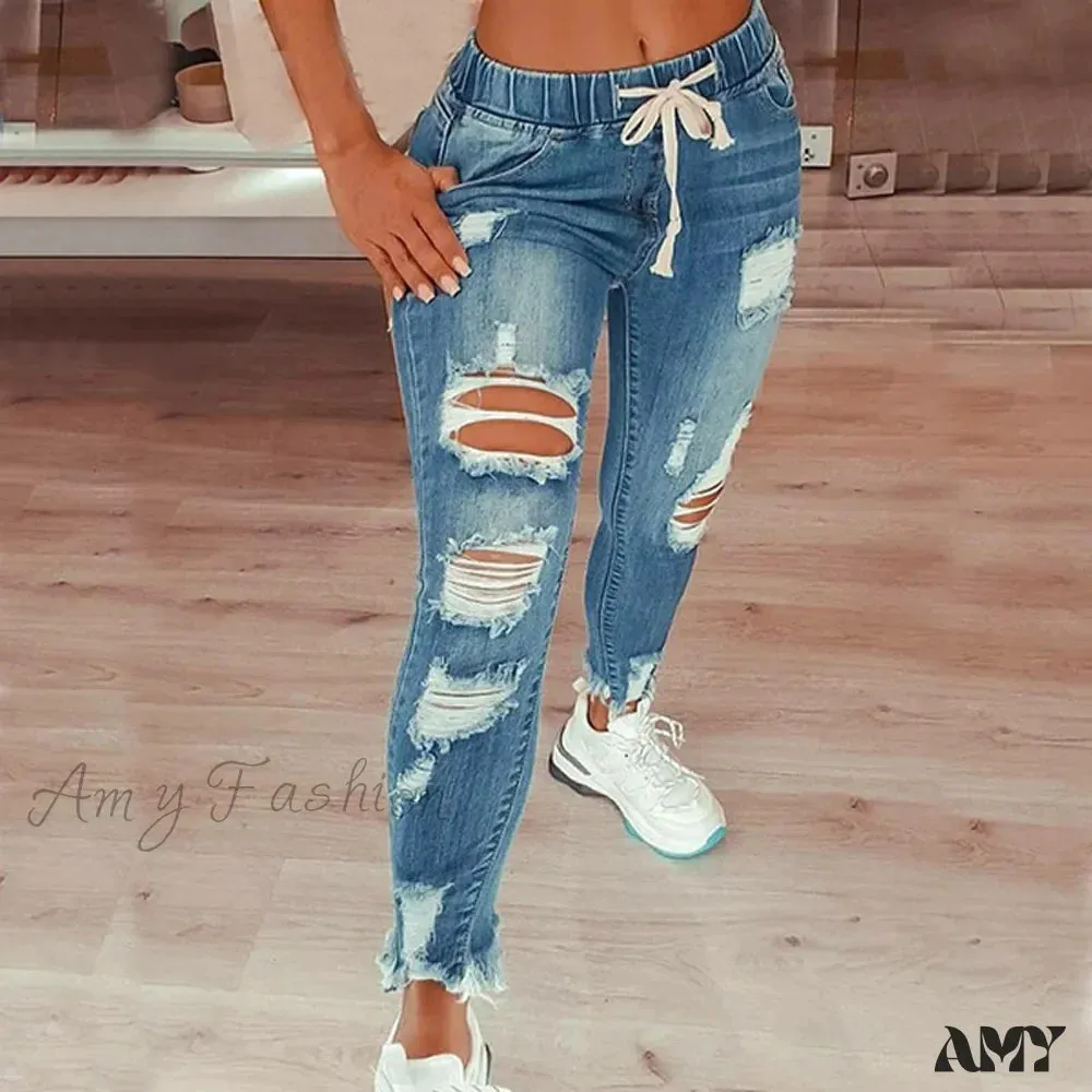 Amy Fashion - Stretch High Waist Ripped Washed Slim Skinny Pencil Denim Jean