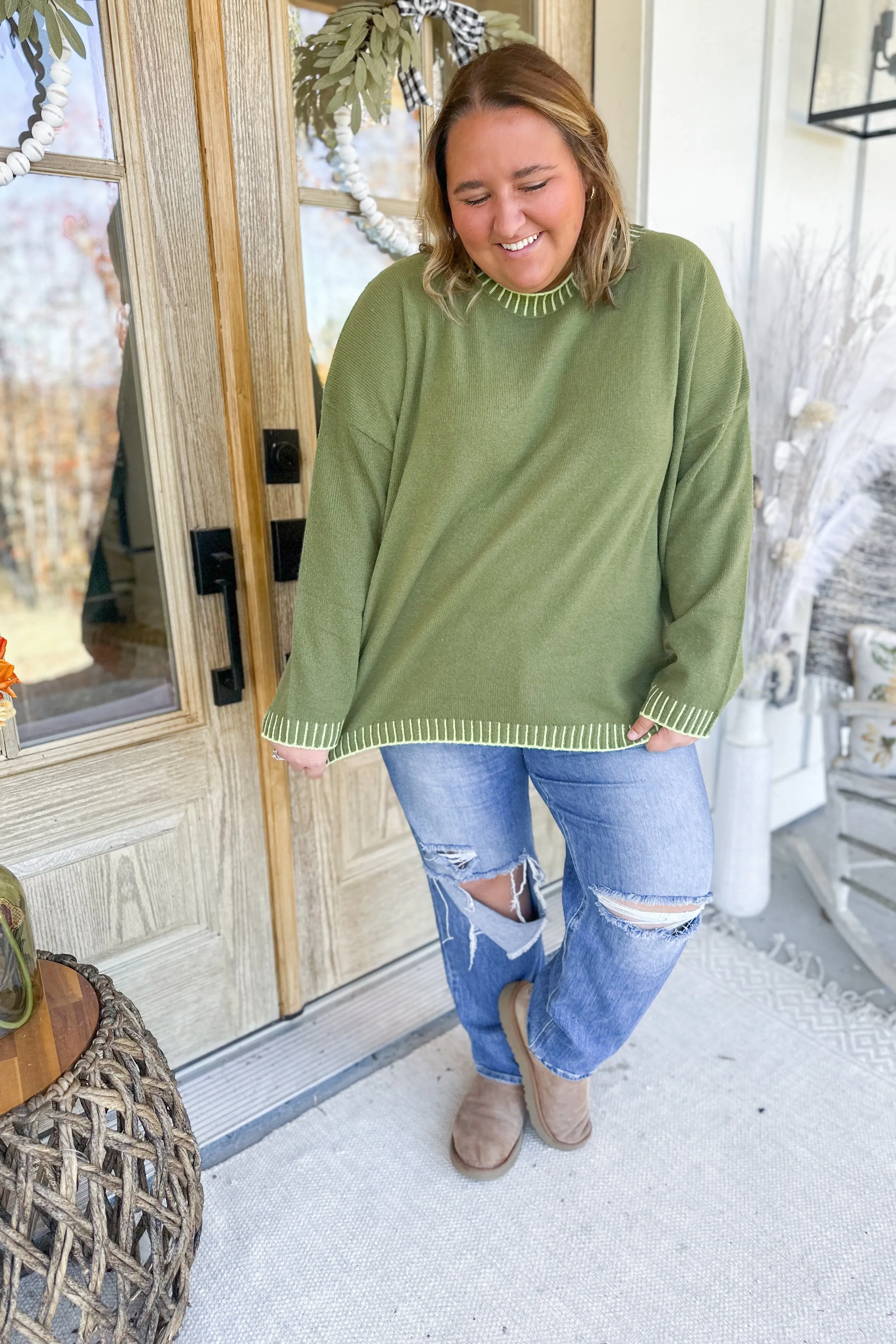 Annie Ribbed Contrast Relaxed Fit Long Sleeve Sweater