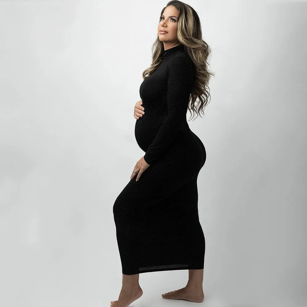 Babymoon Stretchable High Neck Full Sleeve Maternity Gown Dress | Black