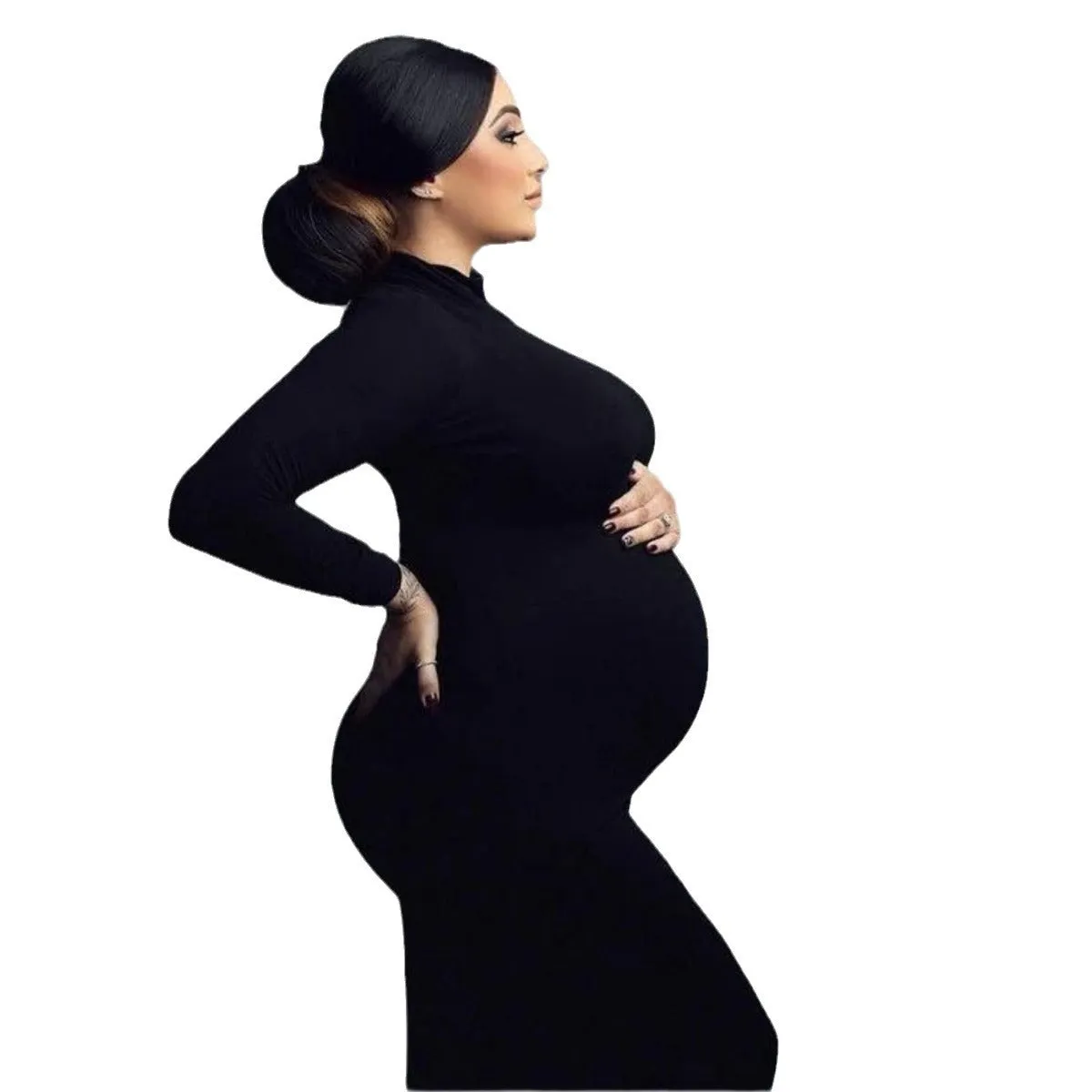 Babymoon Stretchable High Neck Full Sleeve Maternity Gown Dress | Black