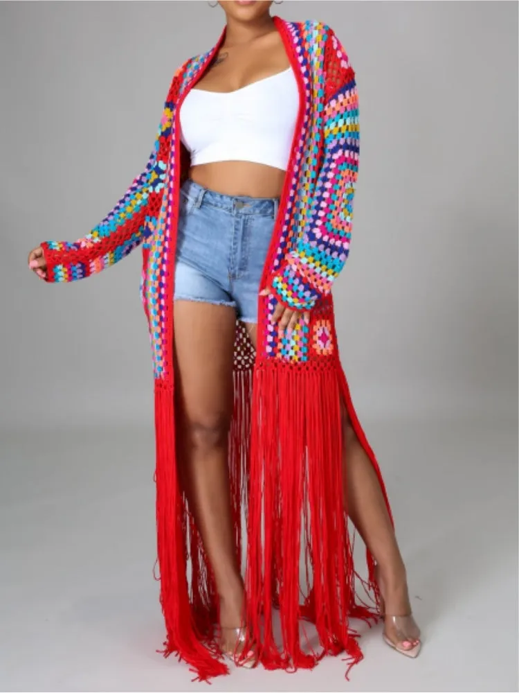 Beautiful Boho Red Multicolor Fringe Crochet Maxi Sweater