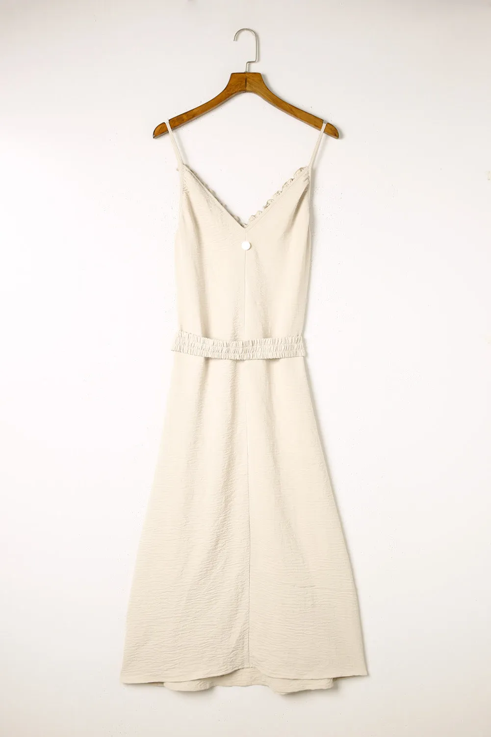 Beige Ruffle Sleeveless Elastic Belted Maxi Dress