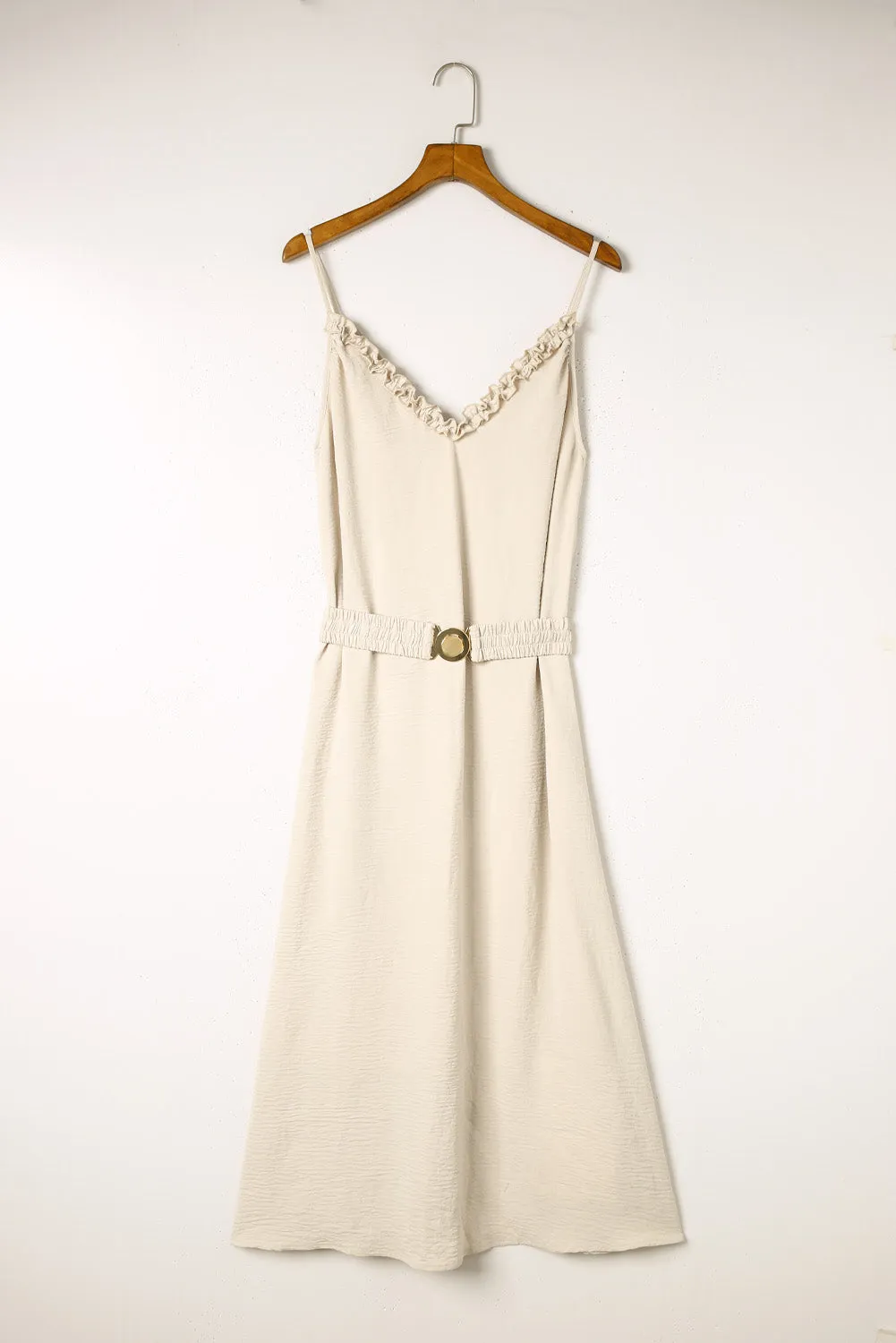 Beige Ruffle Sleeveless Elastic Belted Maxi Dress