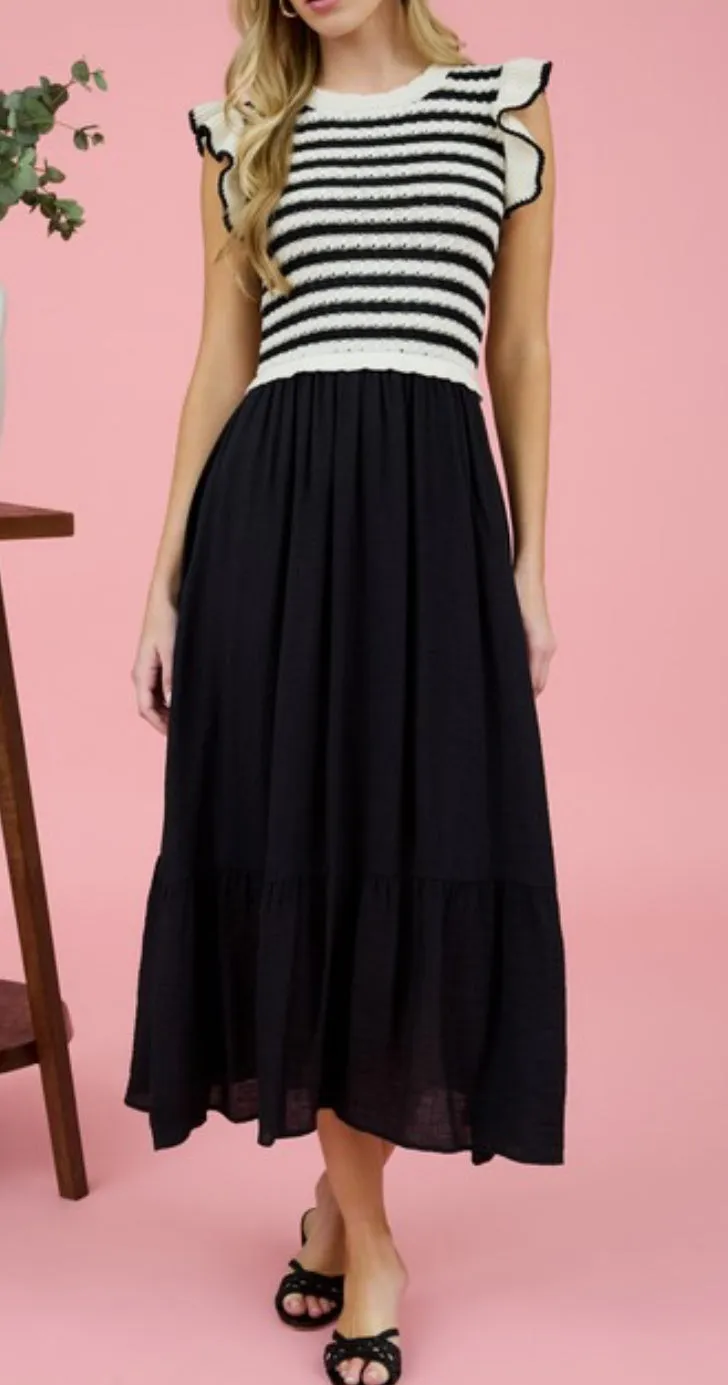 Black & White Stripe Sweater Top Midi Dress