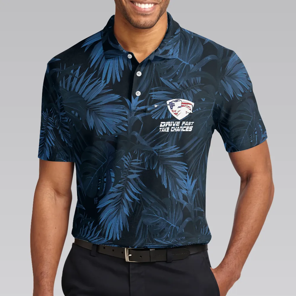 Black And Navy Blue Tropical Pattern Golf Player Polo Shirt, Golfing American Flag Polo Shirt, Best Golf Shirt For Men