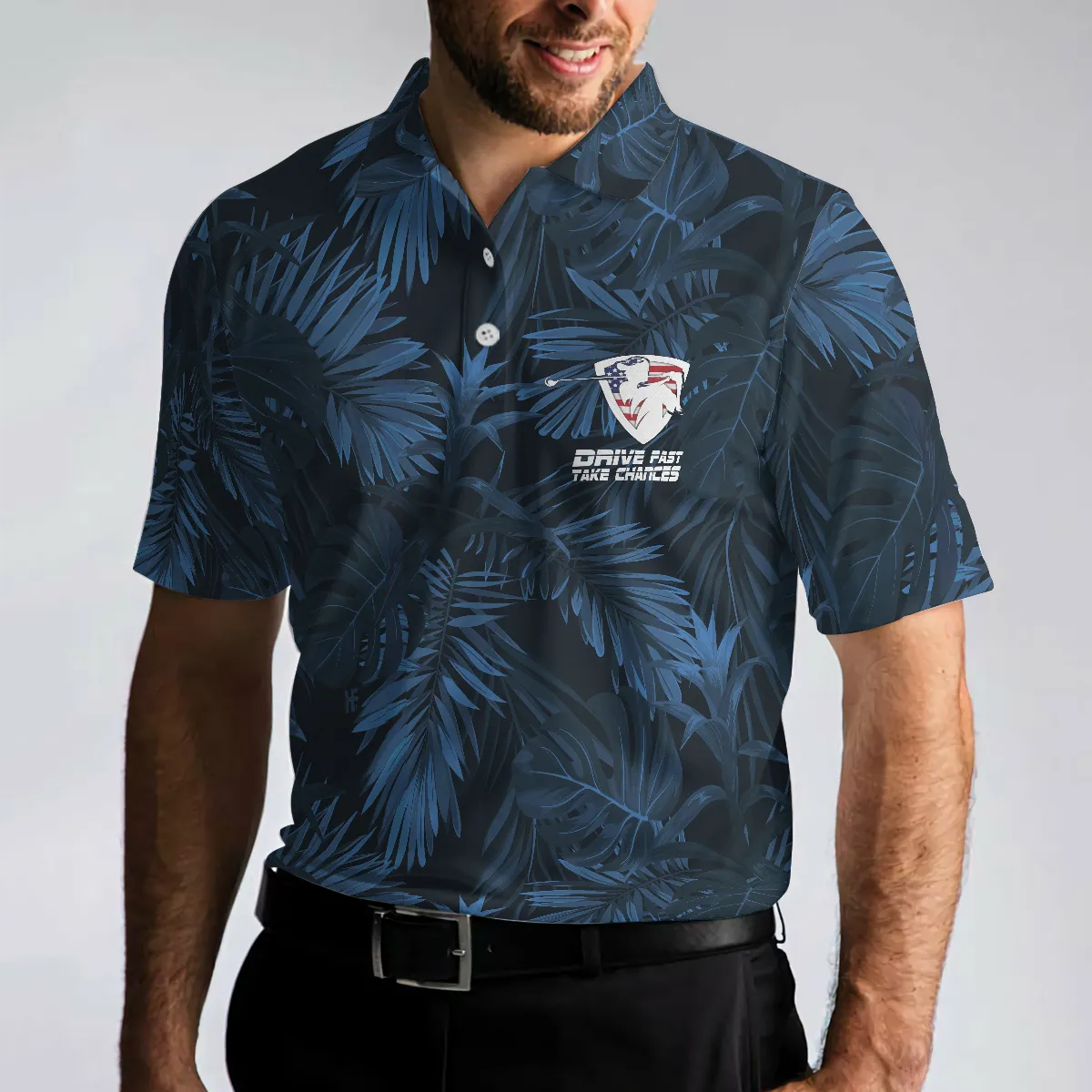 Black And Navy Blue Tropical Pattern Golf Player Polo Shirt, Golfing American Flag Polo Shirt, Best Golf Shirt For Men