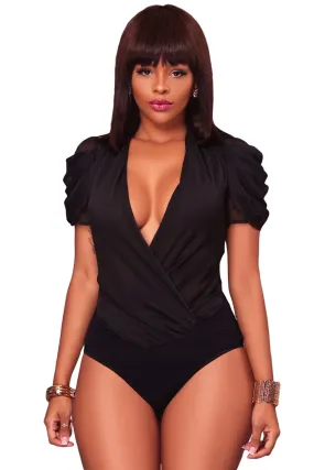 Black Chiffon Draped Sleeves Bodysuit