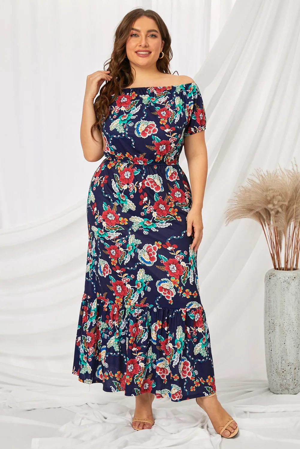 Black Floral Ruffle Plus Size Maxi Dress