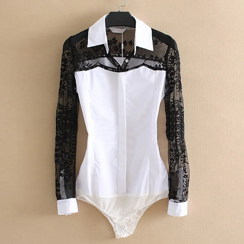 Black Lace Cotton Blouse Bodysuit