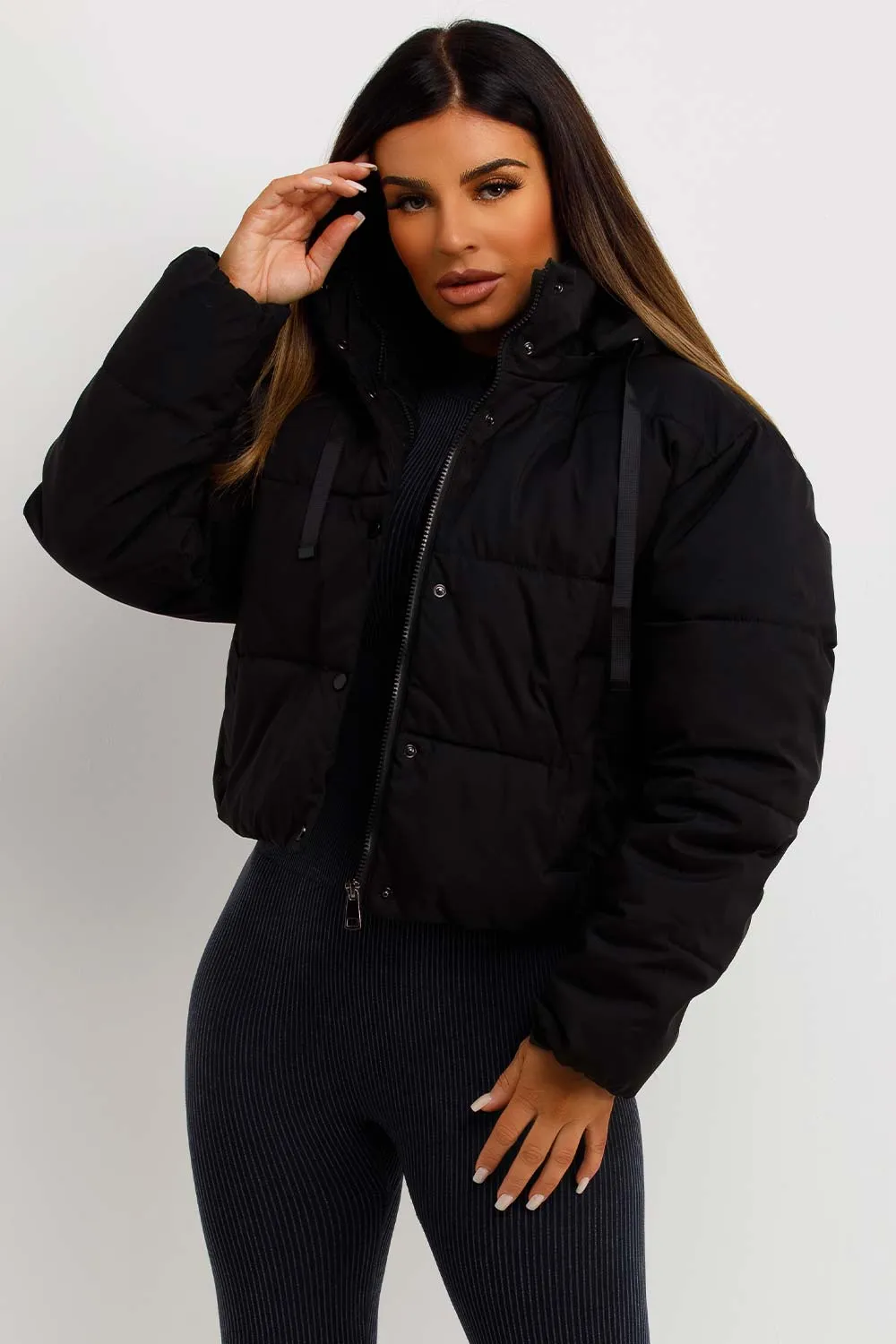 Black Puffer Padded Jacket With Hood