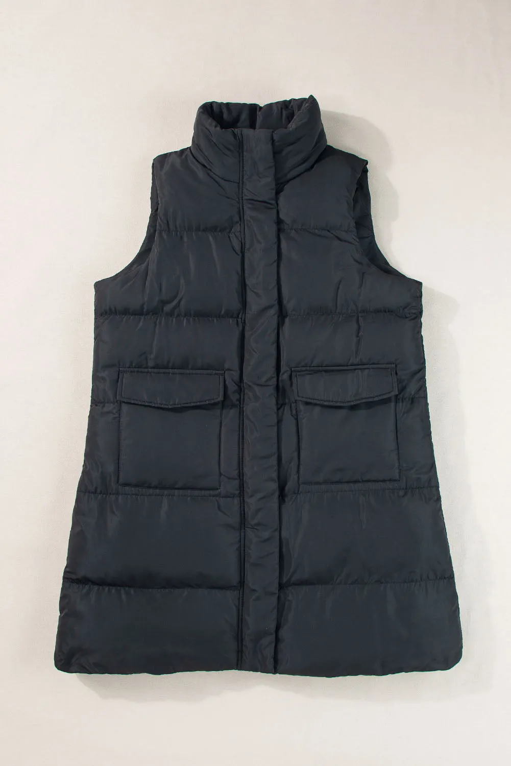 Black Solid Color Puffer Zip Up Pocketed Vest Coat