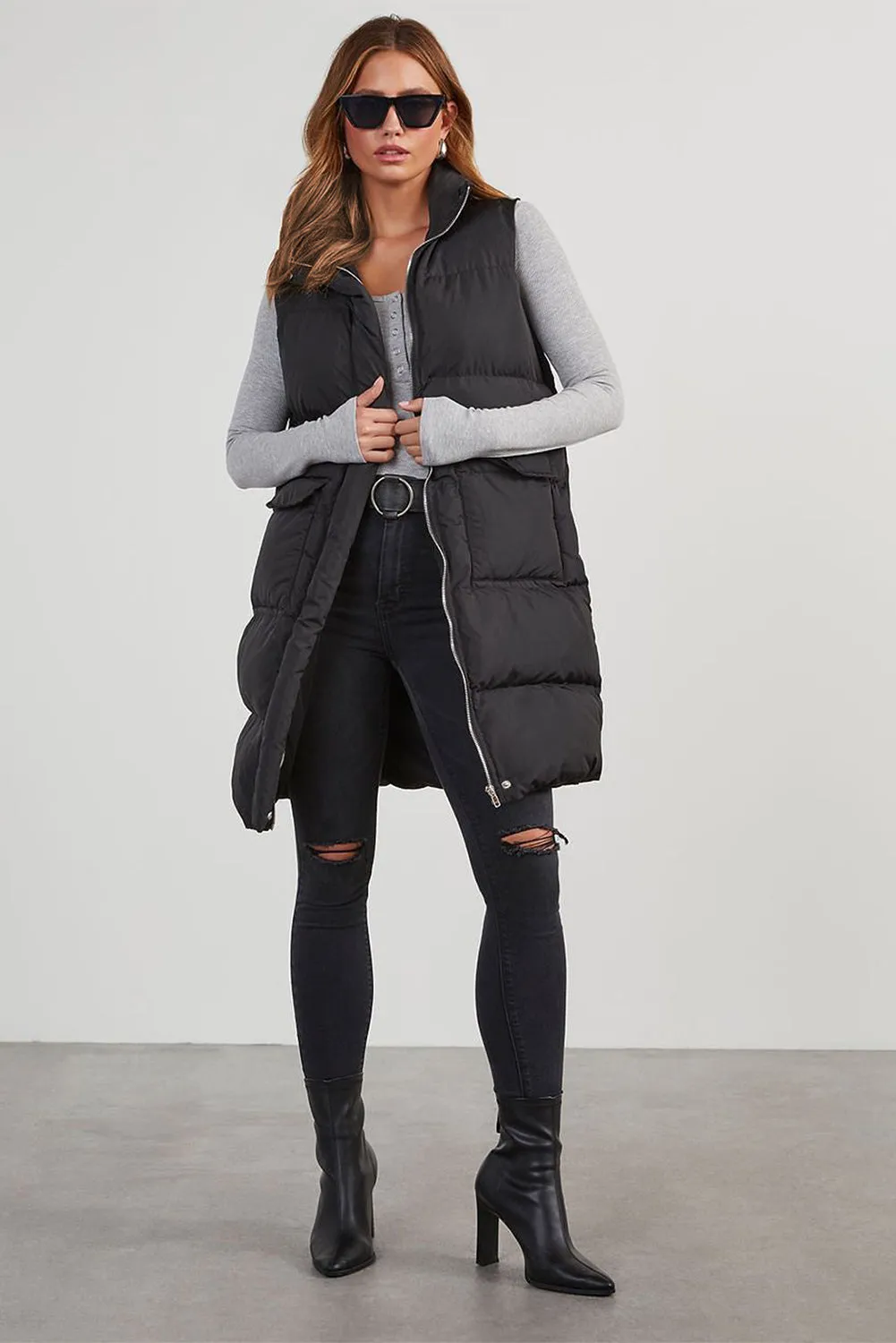 Black Solid Color Puffer Zip Up Pocketed Vest Coat