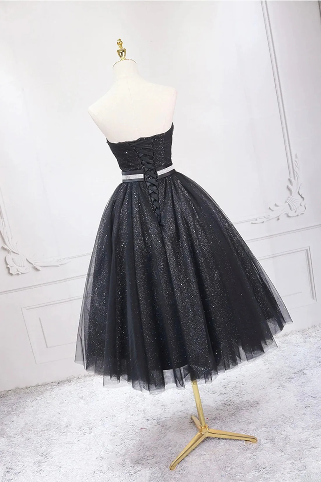 Black Strapless Shiny Tulle Tea Length Prom Dress, Black A-Line Homecoming Dress