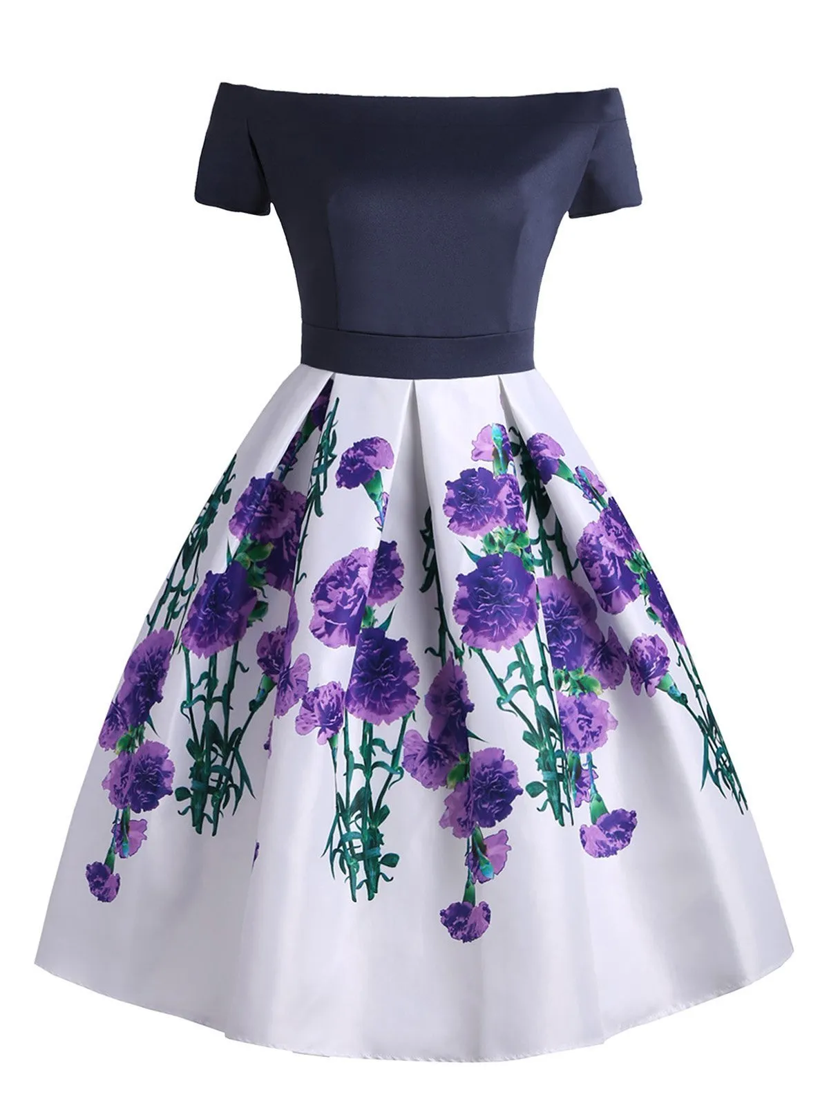 Blue 1950s Off Shoulder Floral Dress