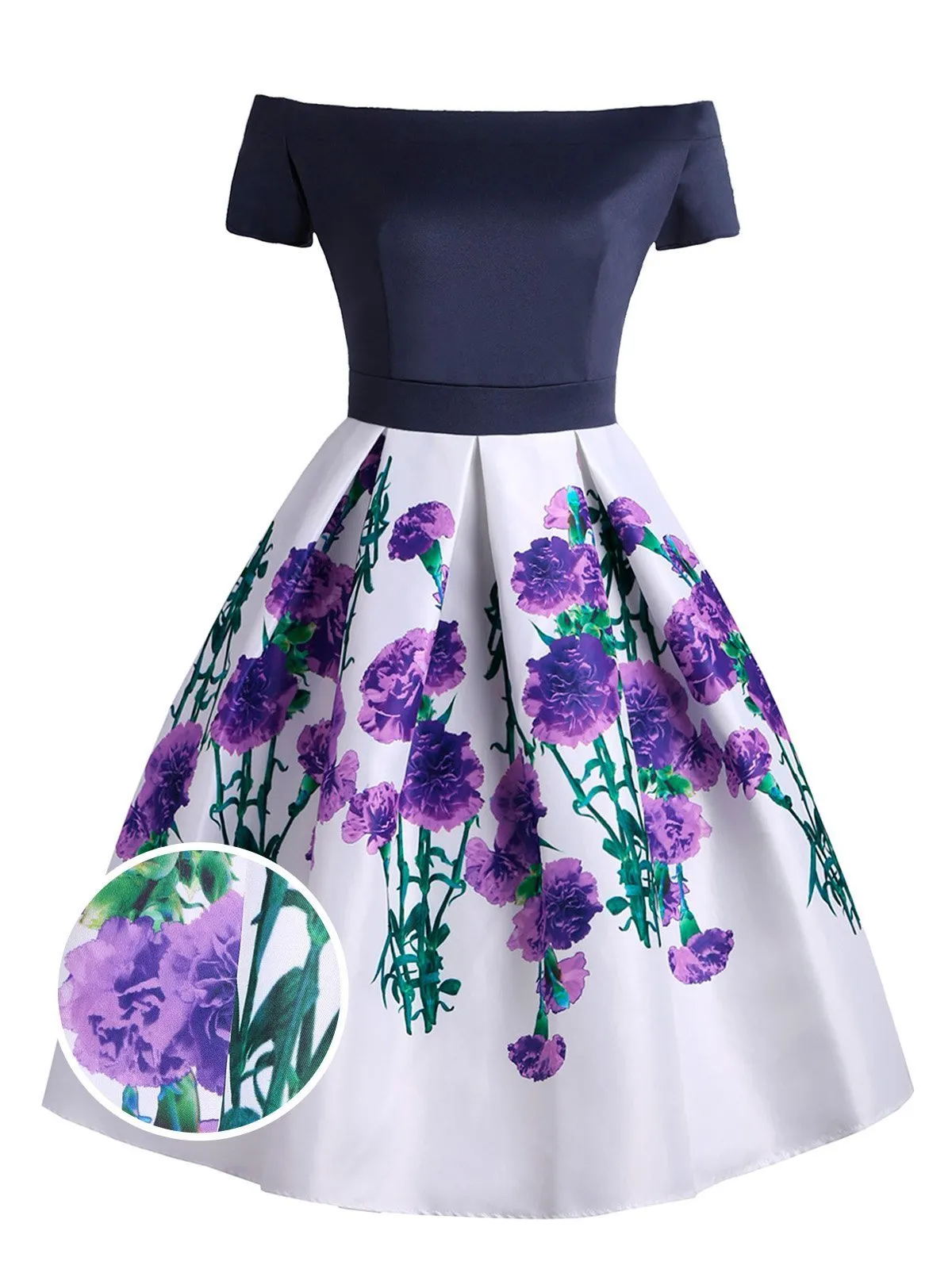 Blue 1950s Off Shoulder Floral Dress