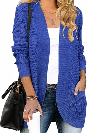 Blue Women's Long Sleeve Open Front Casual Lightweight Soft Knit Cardigan Sweater Outerwear - ZESICA