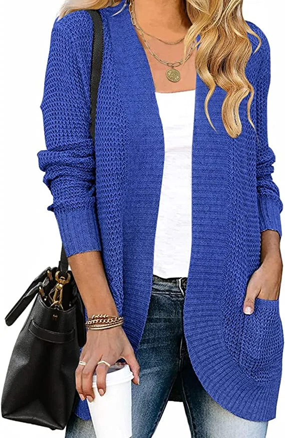 Blue Women's Long Sleeve Open Front Casual Lightweight Soft Knit Cardigan Sweater Outerwear - ZESICA