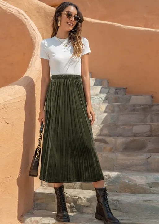 Boho Pleated long Skirt Solid Color