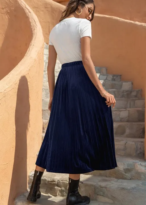 Boho Pleated long Skirt Solid Color