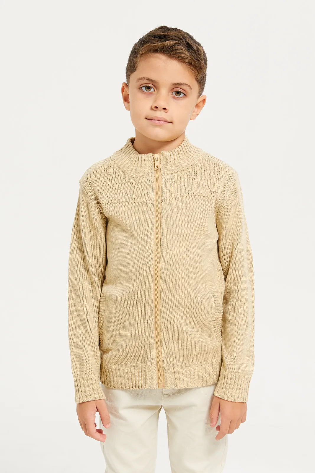 Boys Beige Solid Sweater