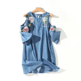 Brand Flora Embroidery Vintage Summer Denim Dresses Women 2018 Casual Off Shoulder Sequins Boho Jean Dress Female Vestidos 1668