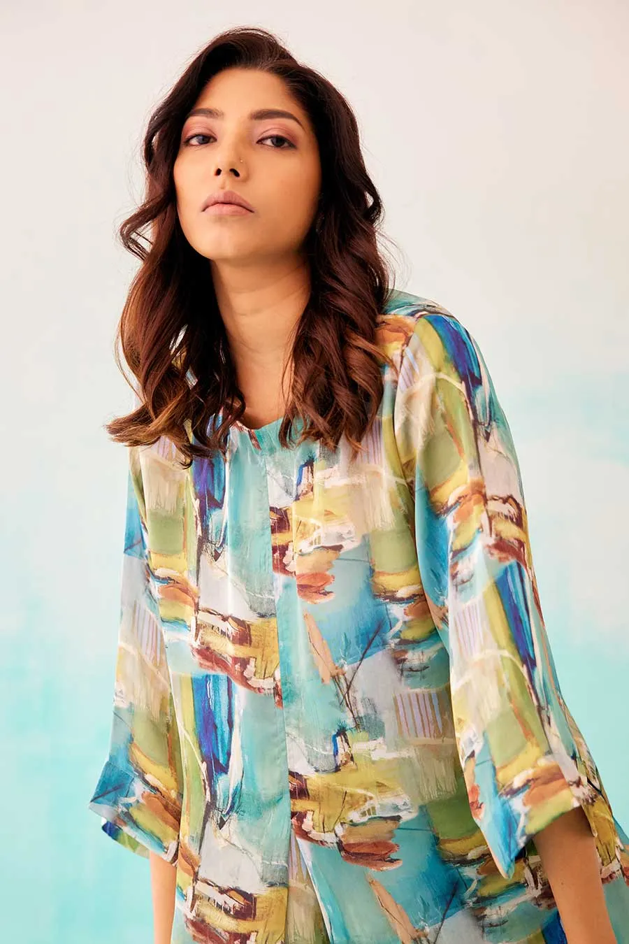 Brushstroke Print A-Line Tunic Dress & Pant Set